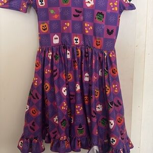 Girls' Purple Halloween Print Costume Dress with Pumpkins & Ghosts